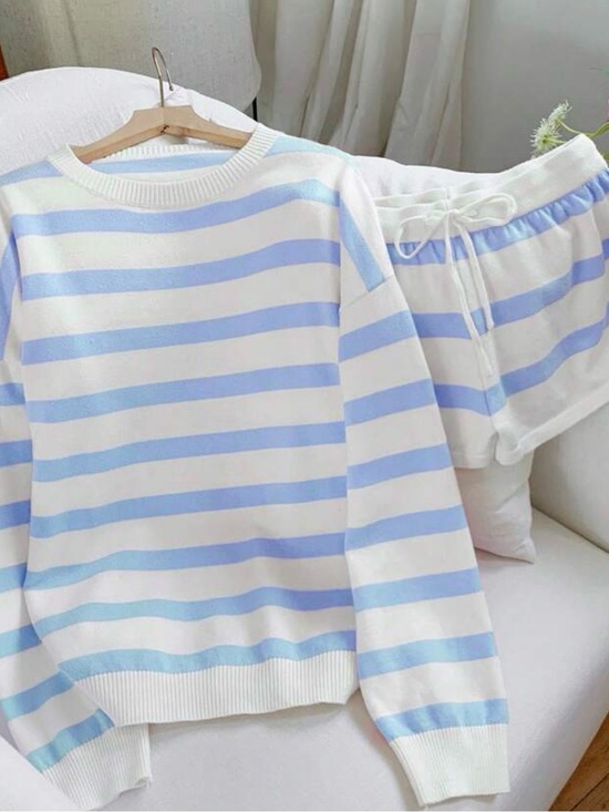 Sweaters - Women's White and Light Blue Striped Sweater Set